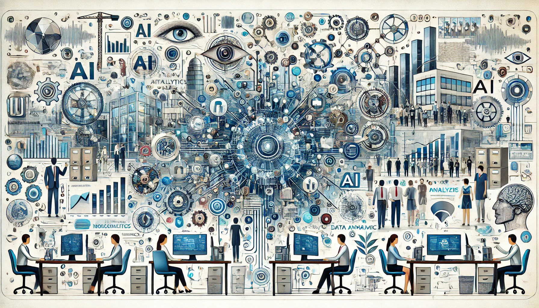 Illustration depicting various AI technologies working together to analyze workplace dynamics