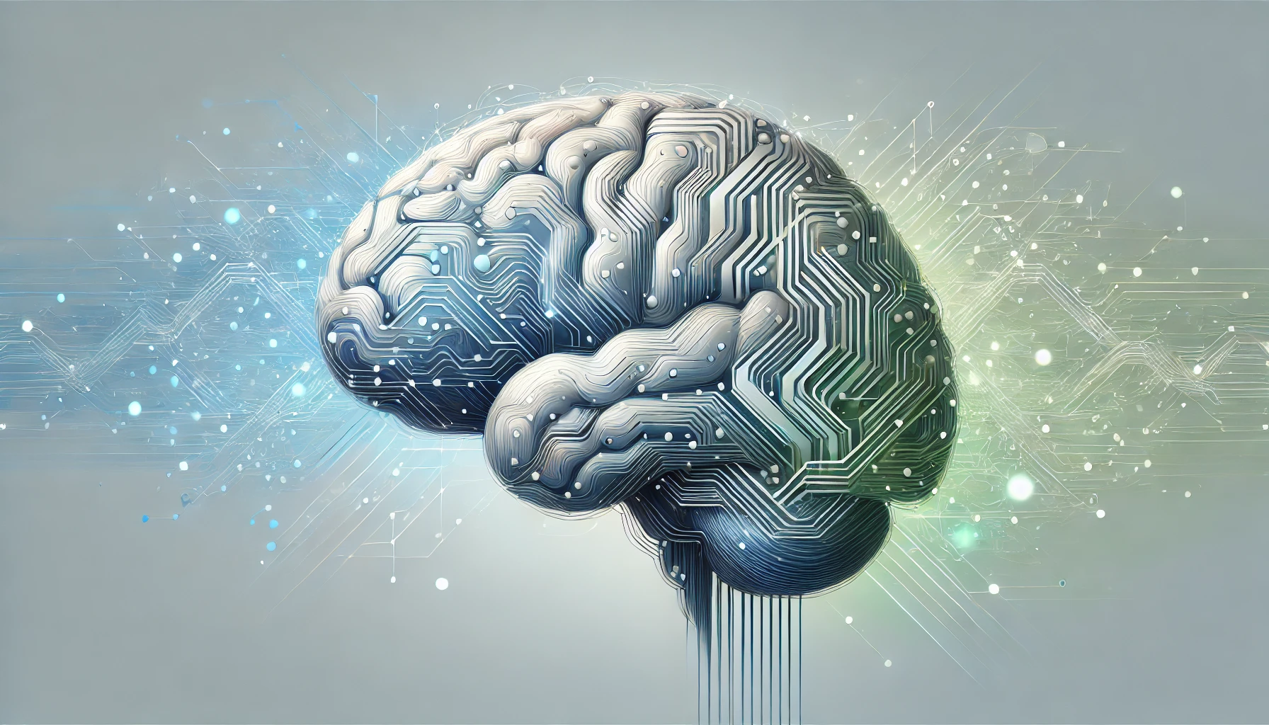 An abstract representation of a human brain intertwined with circuit boards or neural network patterns