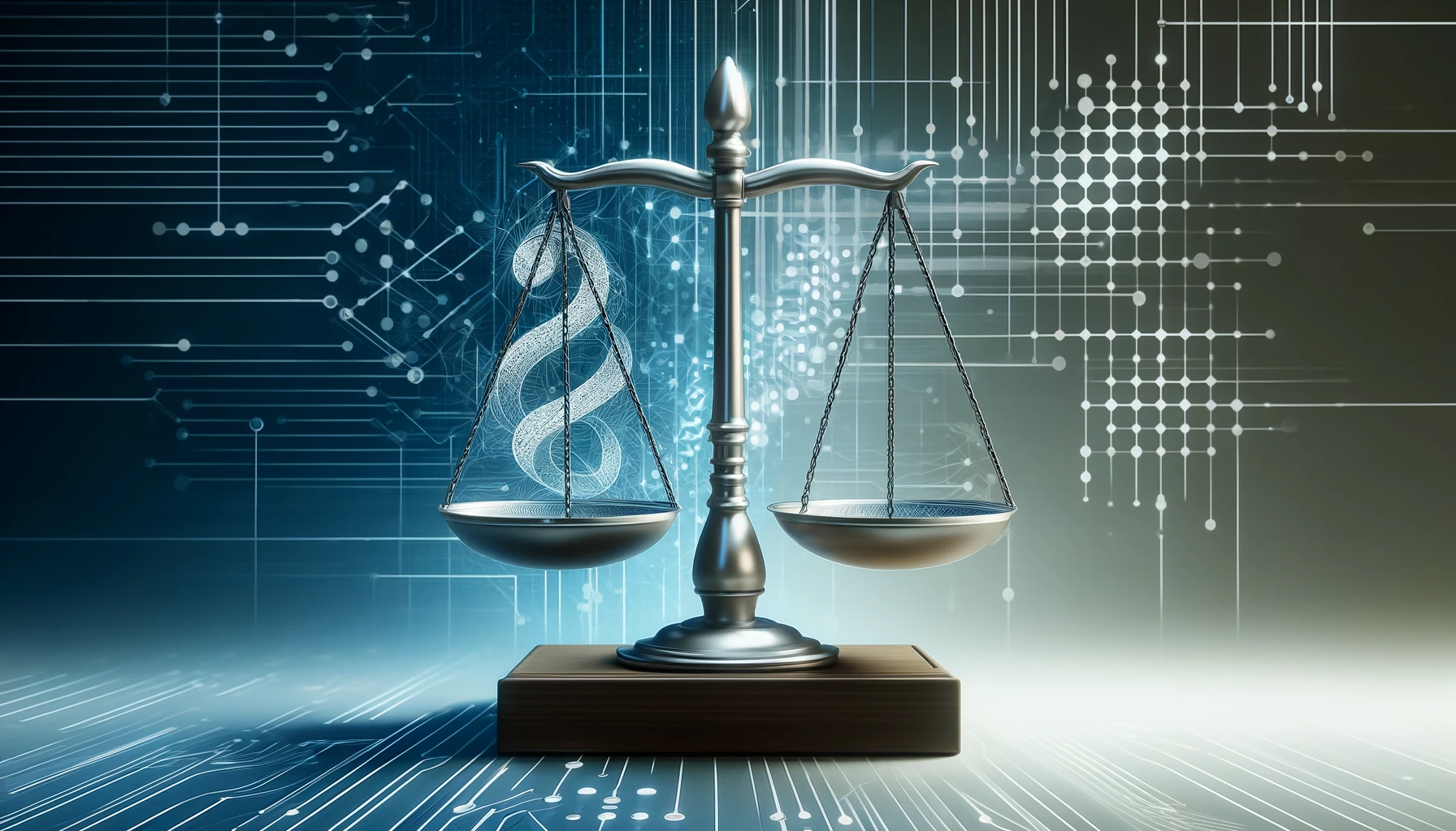 An illustration of scales reflecting AI ethics and responsible AI development, using subtle tones and elements symbolizing ethics, ethical frameworks and AI technology