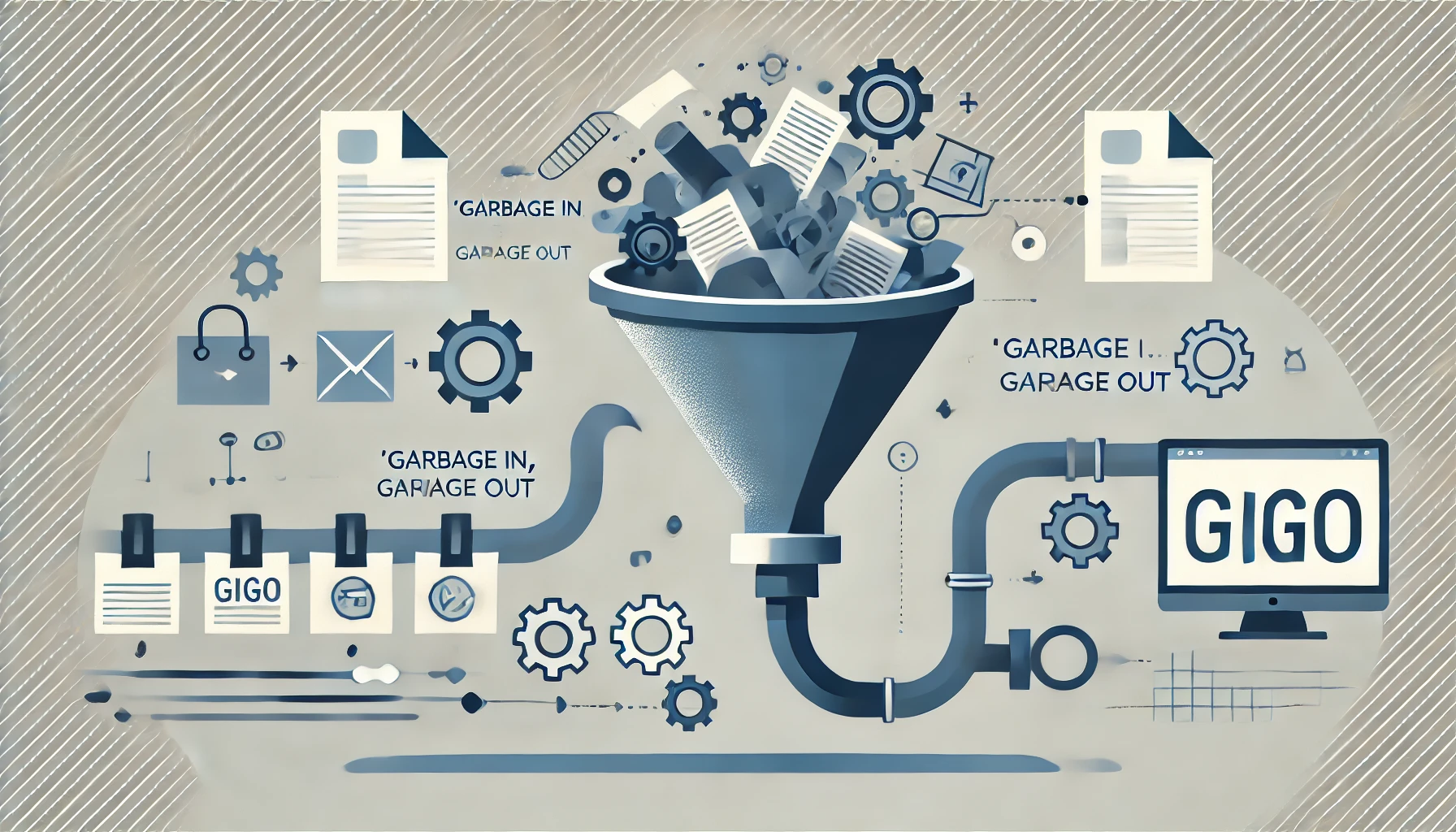 Minimalistic banner in grays and blues illustrating 'Garbage In, Garbage Out' in project management. The image shows a funnel with unclear data entering on one side and tangled outputs on the other, with gears and documents symbolizing project processes. Clean, modern, and semi-flat design.