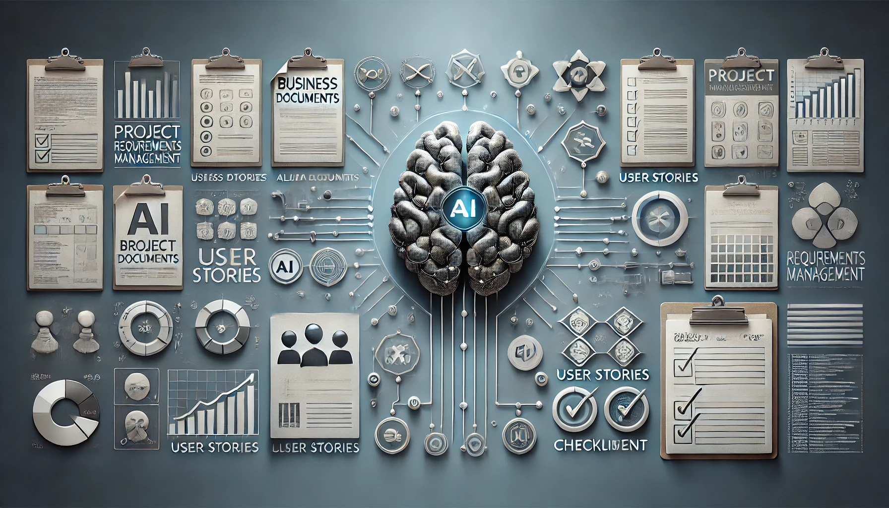 Banner image illustrating AI integration with project requirements management, featuring a central AI brain icon surrounded by symbols for business documents, charts, user stories, and checklists. Arrows represent alignment and feedback loops, with additional icons symbolizing clarity, improvement, and precision. The backdrop is a sleek, minimalist gradient in blue and grey tones, emphasizing structured analysis and organization.